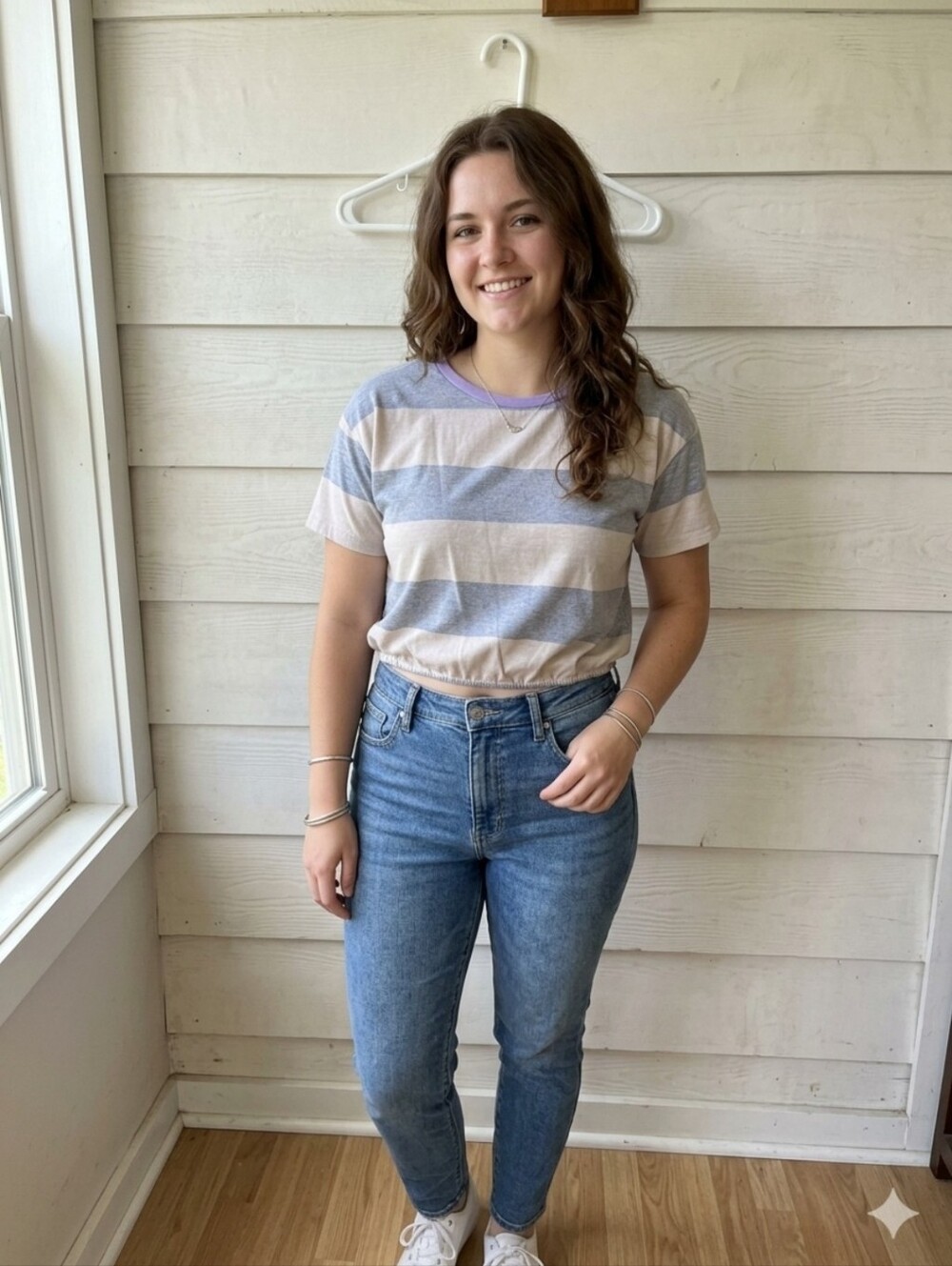 Striped Crop Top in Gray and Cream with Lavender Trim